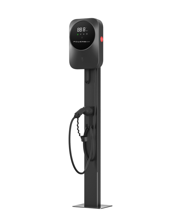 Black electric charging station with a red light, featuring Smart EV chargers for efficient electric vehicle charging.