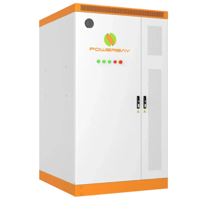 Large white electrical cabinet with orange edges, indicator lights, ventilation grilles, and Powerbay branding