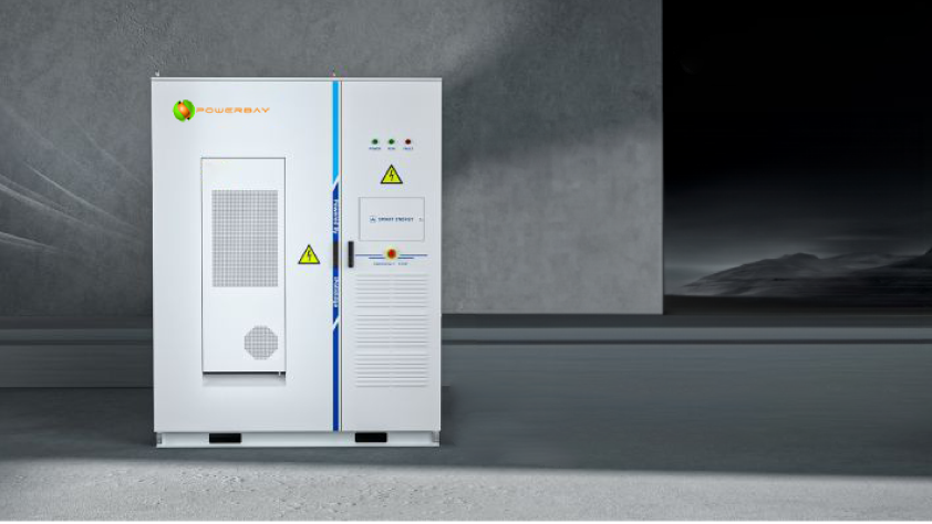 BESS System: a white machine featuring a yellow light, indicating operational status or alert.
