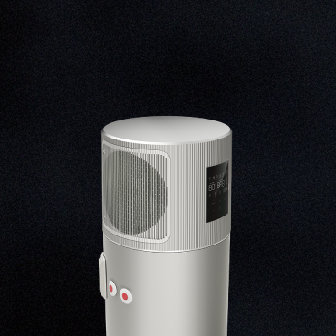 Energy efficient heat pump in white against a sleek black background, showcasing modern design and functionality.