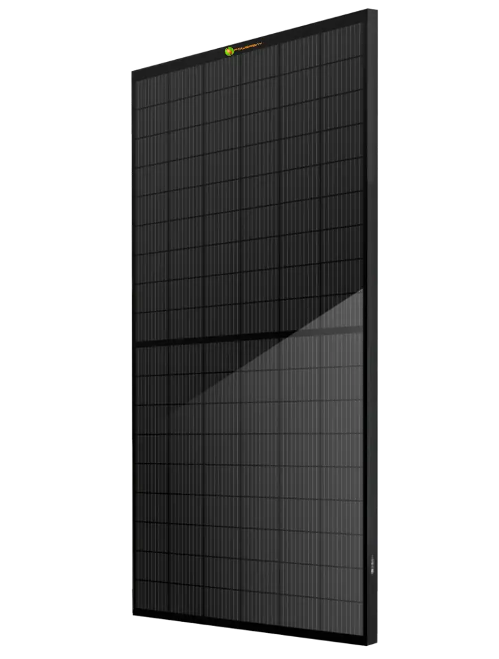 Commercial solar panel with a black frame, featuring a grid of dark photovoltaic cells. Sleek, modern design, vertically oriented.