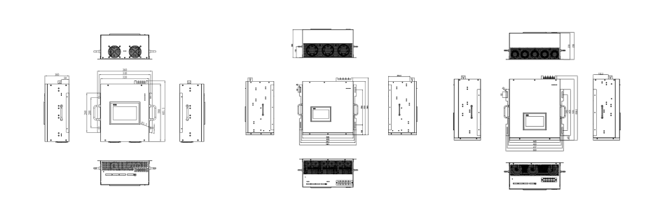 Technical line drawings display three different electronic devices from multiple angles, including top, front, back, and side views, showing ventilation fans, connectors, and control panels.